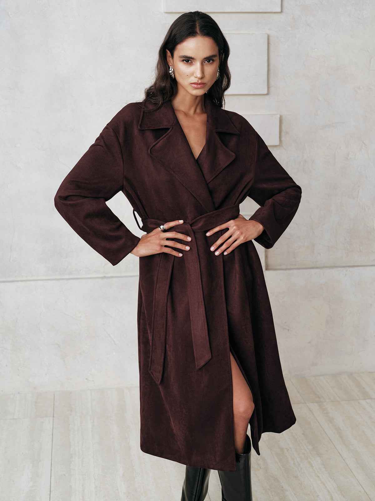Mia | Elegant Warm Suede Belted Long Trench Coat 0