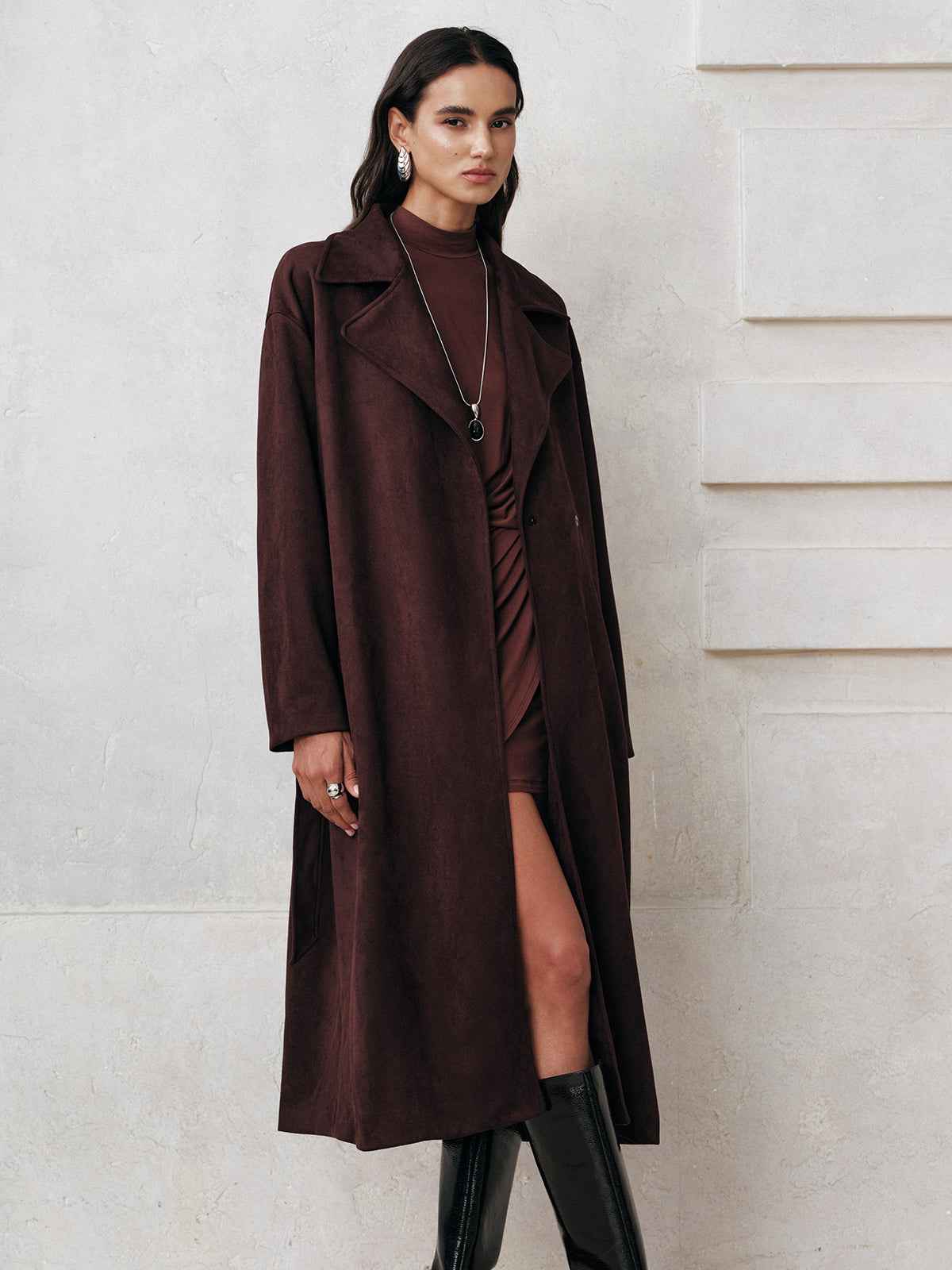 Mia | Elegant Warm Suede Belted Long Trench Coat 1