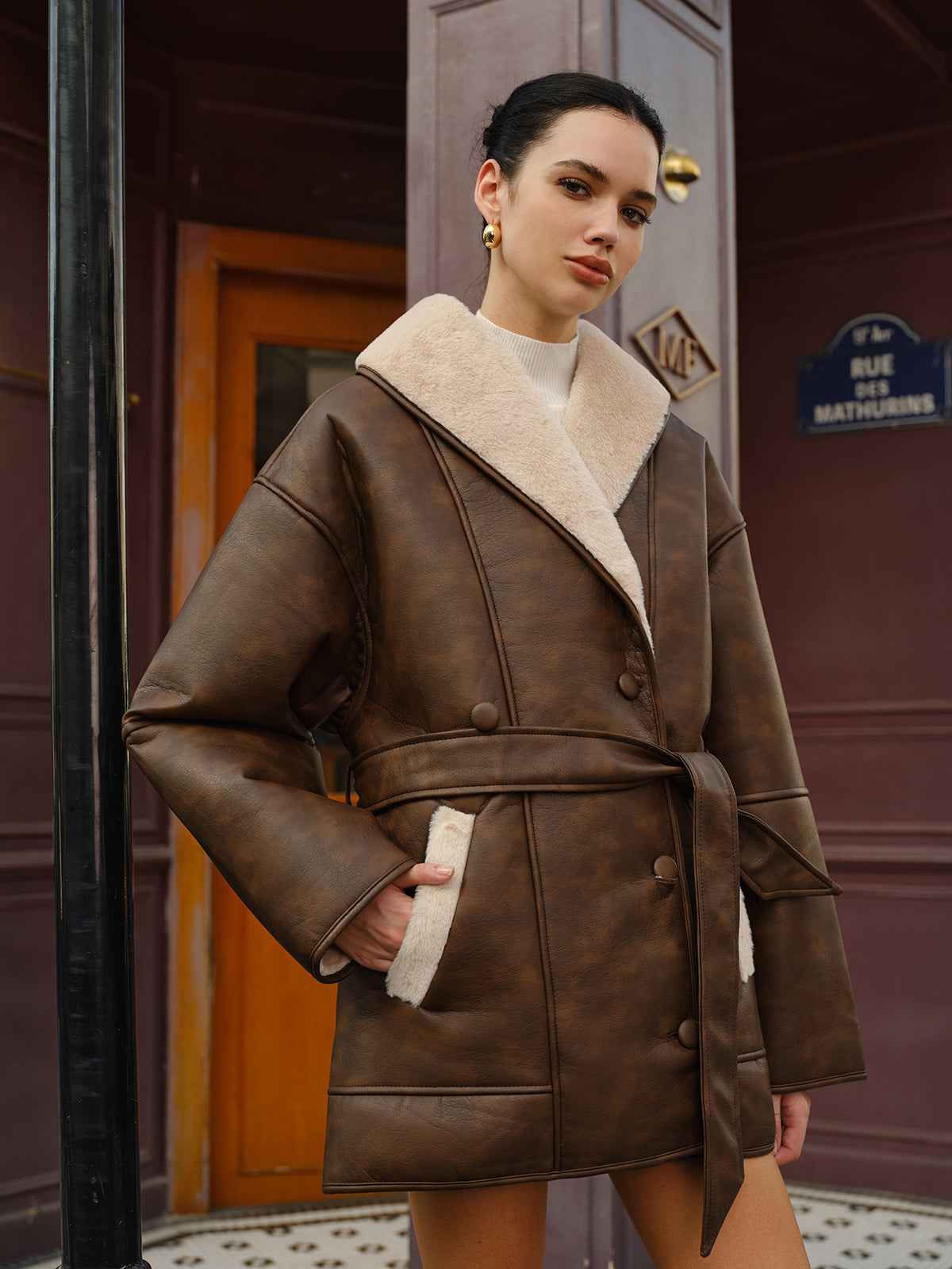 Sophie | Chic Plush Belted Faux Leather Jacket for Women 3